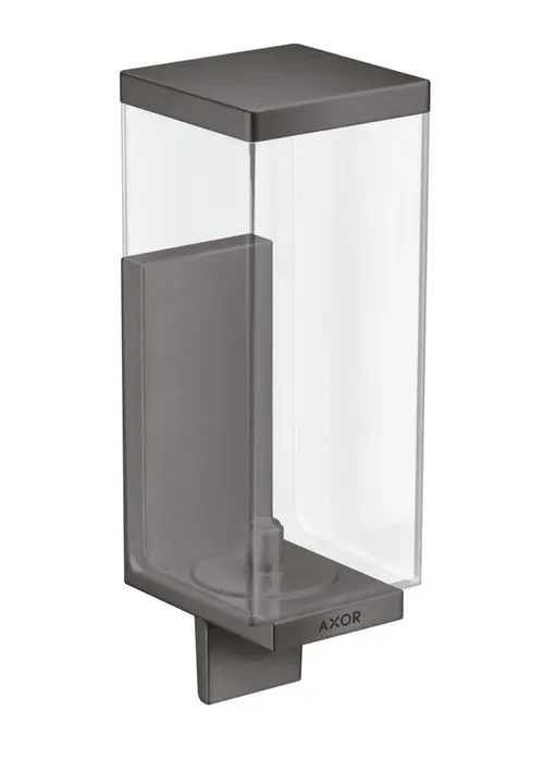 Transparenter Lotionspender mit grauem Metallbasis. Das Produkt ist von AXOR und hat eine rechteckige Form zur Wandmontage.